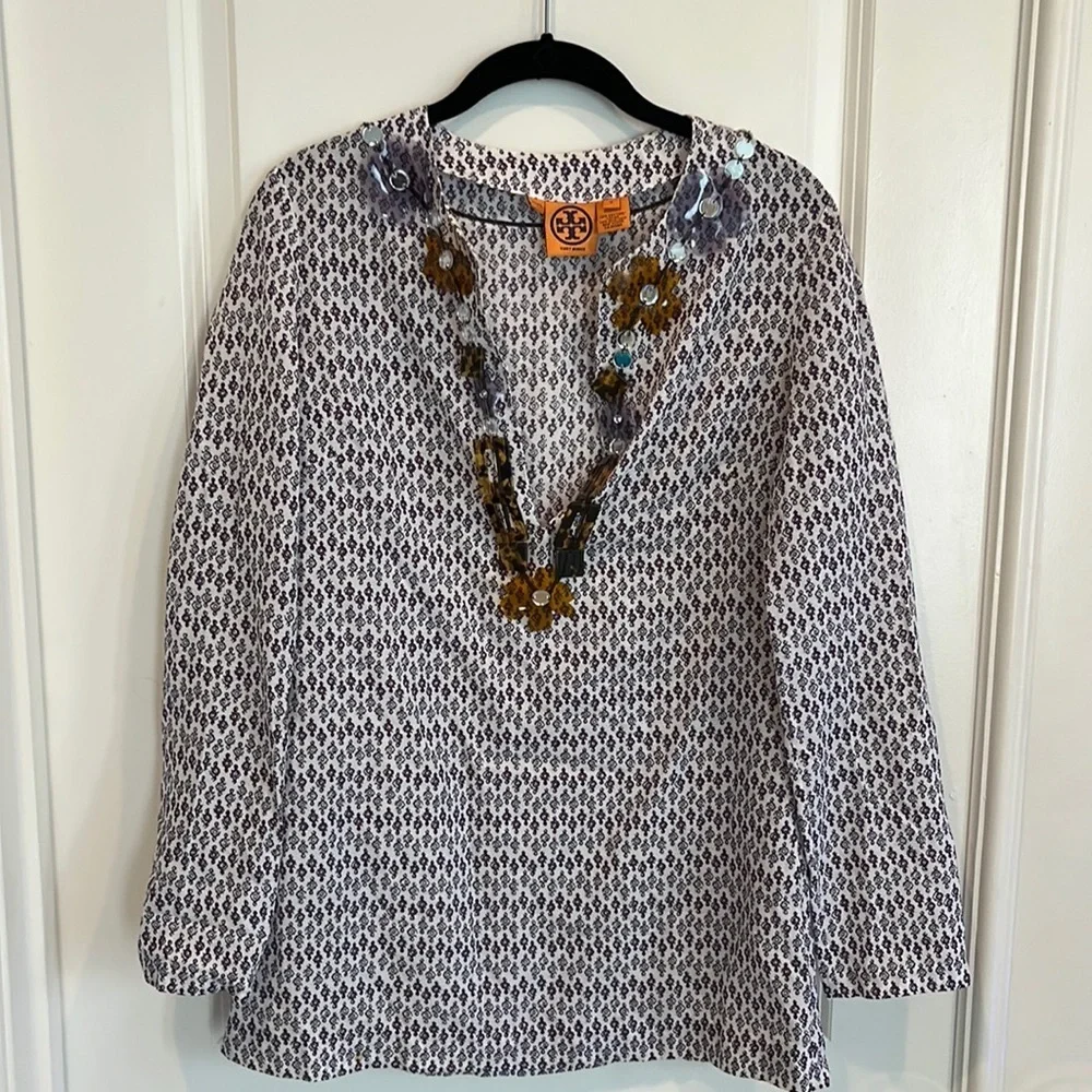 Tory Burch Purple and White Cotton/Silk Tunic Top Size 6